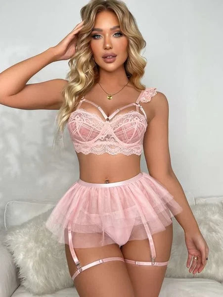 Plue Size Women's Sexy Lingerie Lace Babydoll Bra Thong Set Sleepwear Nightwear