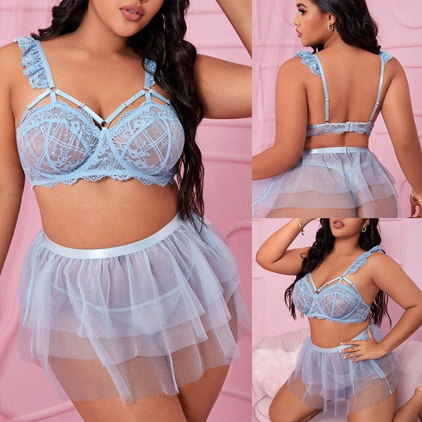 Plue Size Women's Sexy Lingerie Lace Babydoll Bra Thong Set Sleepwear Nightwear