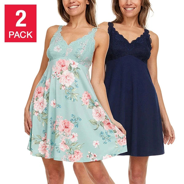 NWT Flora Nikrooz Women's 2-Pack V-Neck Lightweight Soft Lace Trim Chemise  S-XL