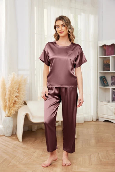 Conjuntos De Pijamas Para Mujer Pantalón Largo Manga Corta De Seda Sexi Elegante