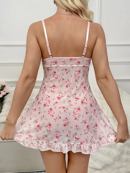 Sexy Women V-Neck Lingerie Lace Babydoll Mini Nightwear Sleepwear Slip Dress Set