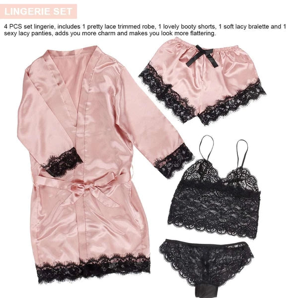 4Pcs Women' Silk Satin Pajamas Set Lingerie Floral Lace Cami Sleepwear with Robe