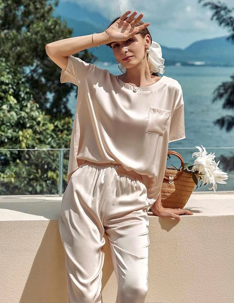 Conjuntos De Pijamas Para Mujer Pantalón Largo Manga Corta De Seda Sexi Elegante