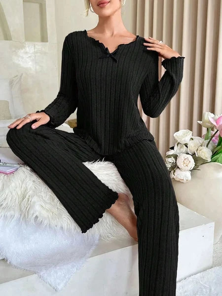 Women Sleepwear Ribbed Pajamas Set Long Sleeve Top and Long Pants 2 Piece Set