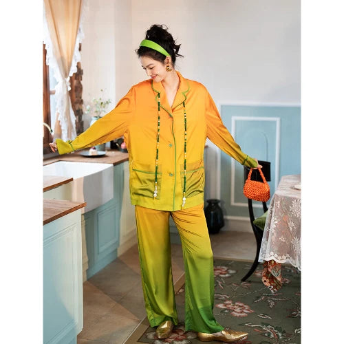 Orange Women PajamaSet Long Sleeve Spring Autumn Sleepwear Thin Green Home Suit