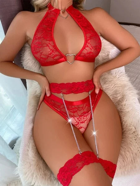 Women's Sexy Halter Lingerie Set with Garter Belts Lace Teddy Babydoll Bodysuit
