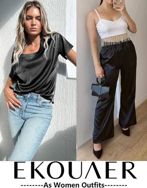 Conjuntos De Pijamas Para Mujer Pantalón Largo Manga Corta De Seda Sexi Elegante