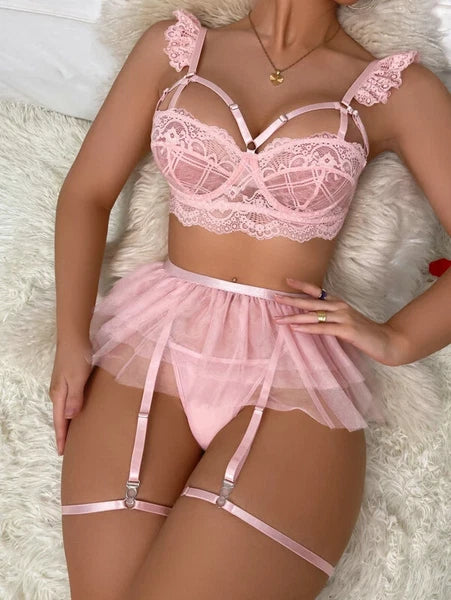 Plue Size Women's Sexy Lingerie Lace Babydoll Bra Thong Set Sleepwear Nightwear