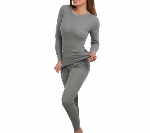 Women 2pc Premium Cotton Waffle Knit Thermal Underwear Stretch Top & Bottom Set