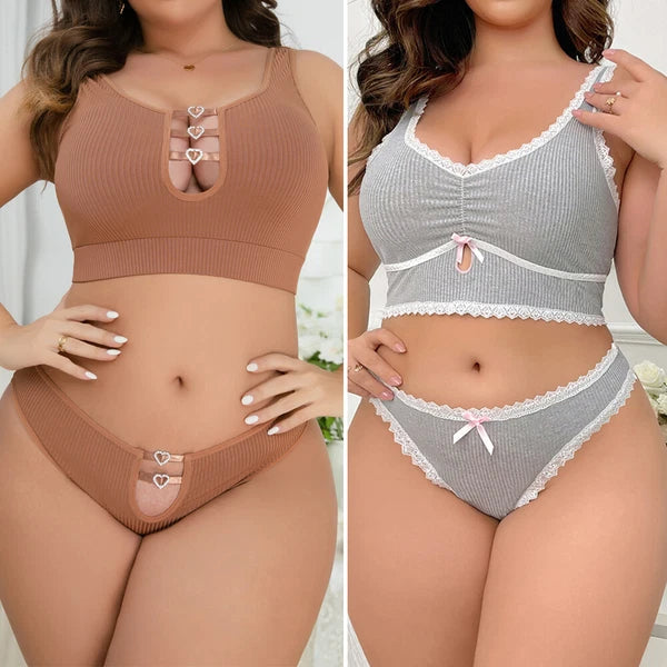 Plus Size 2 Piece Lingerie for Women Sexy Bra and Panty Set knitted Lingerie Set