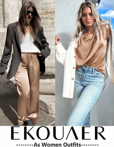 Conjuntos De Pijamas Para Mujer Pantalón Largo Manga Corta De Seda Sexi Elegante