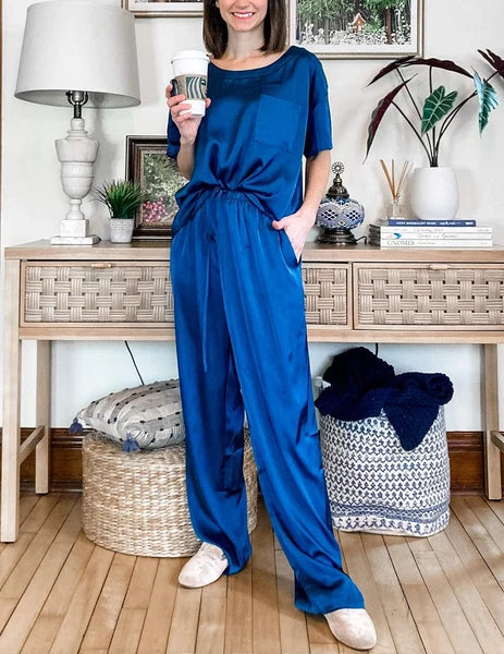 Conjuntos De Pijamas Para Mujer Pantalón Largo Manga Corta De Seda Sexi Elegante