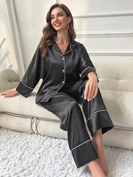 Women‘s Pajamas Set Notched Collar Top&Wide Leg Long Pants 2 Pieces Sleepwear