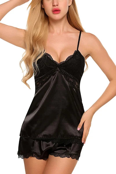 Sexy Satin Lace PJs Cami Set Camisole Shorts French Knickers Vest Nightwear Xmas