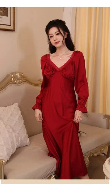 Spring Vintage Princess Sleepwear Silk Pajama Nightdress  Ruffles Lace V-Neck
