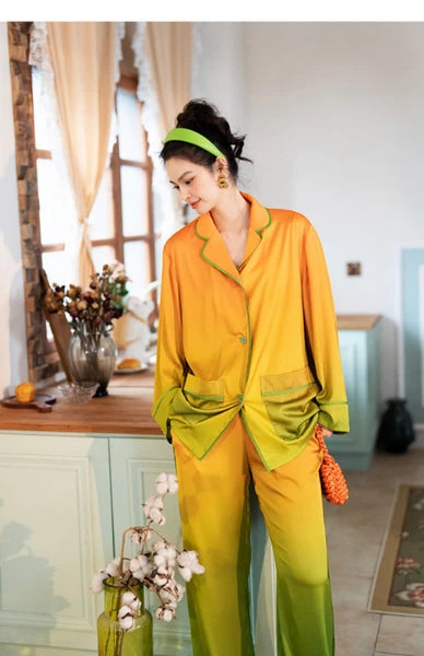 Orange Women PajamaSet Long Sleeve Spring Autumn Sleepwear Thin Green Home Suit