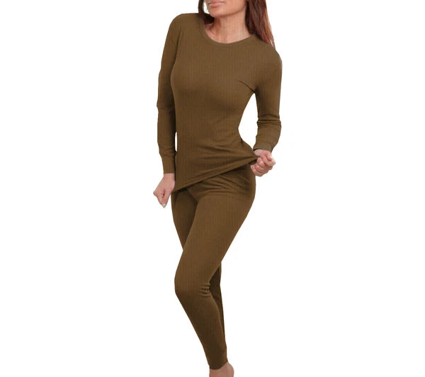 Women 2pc Premium Cotton Waffle Knit Thermal Underwear Stretch Top & Bottom Set