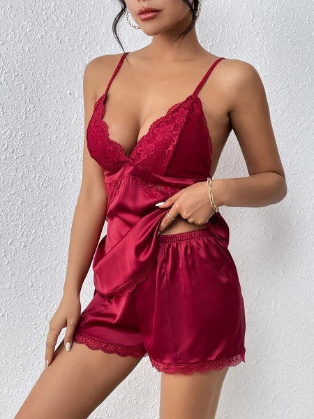 Sexy Satin Lace PJs Cami Set Camisole Shorts French Knickers Vest Nightwear Xmas