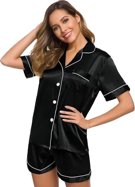 Women Silk Satin Pajamas Set Short Sleeve Button-Down Sleepwear Loungewear Charm