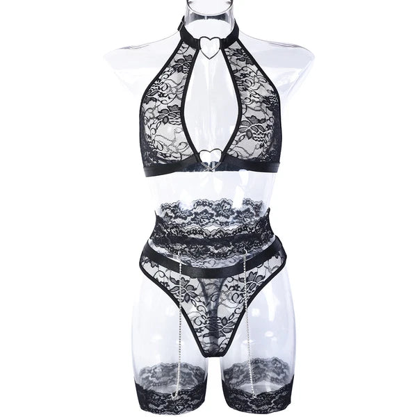 Women's Sexy Lingerie Lace Bra Set With Garter Belt Babydoll Nightwear Sleepwear