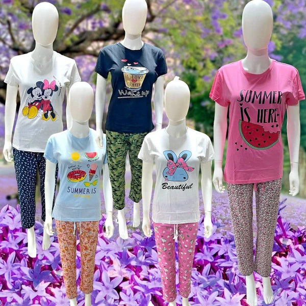 Ladies Cotton Pyjama PJ's Set Full Length Summer Short Sleeve Loungewear CT26-29