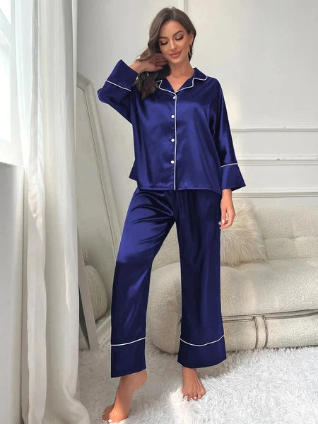 Women‘s Pajamas Set Notched Collar Top&Wide Leg Long Pants 2 Pieces Sleepwear
