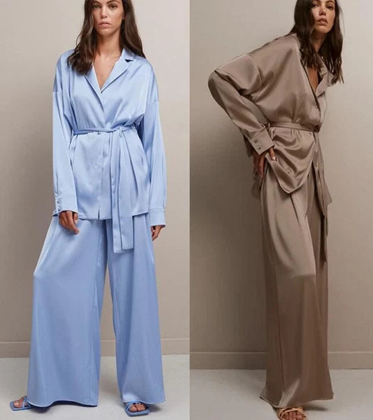 Womens Pajama Set Oversize Kimono Loose Dress Satin  Beach Coat Sleepwear Pant