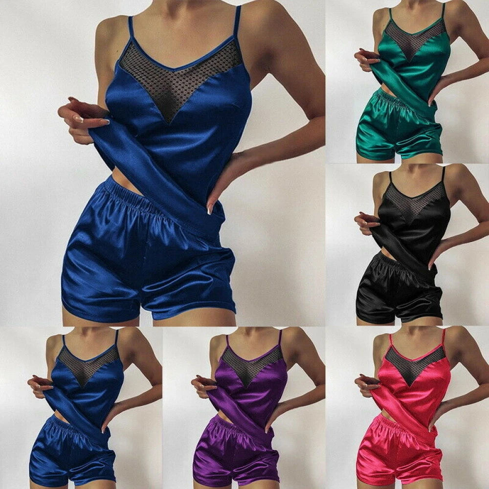 2pcs Womens Sexy Satin Silk Lace Cami Vest Shorts Lingerie Pyjamas Nightwear Set