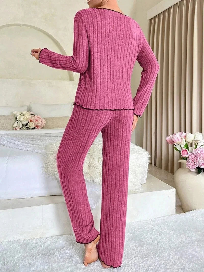 Women Sleepwear Ribbed Pajamas Set Long Sleeve Top and Long Pants 2 Piece Set