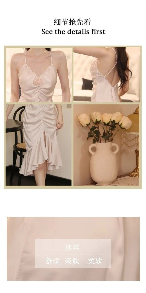 Summer Sleeveless Backless Pajama Night Dress Suspended Split Fold Long Girls