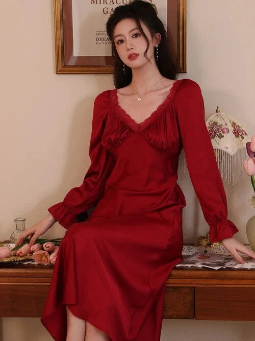 Spring Vintage Princess Sleepwear Silk Pajama Nightdress  Ruffles Lace V-Neck