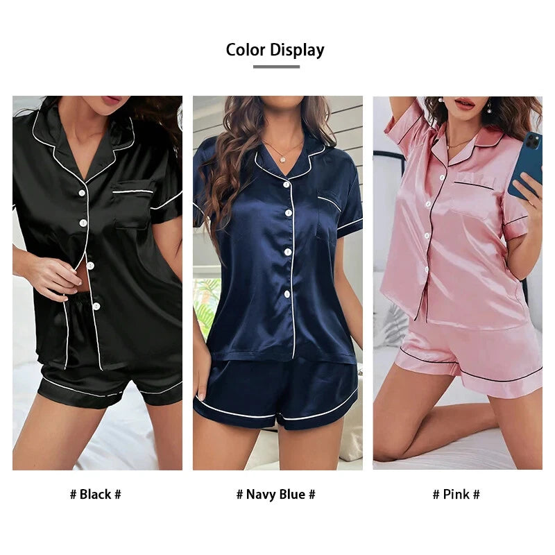 Summer Women Pajamas  Button Down Top&Shorts 2 Pieces Sleepwear Notched Collar
