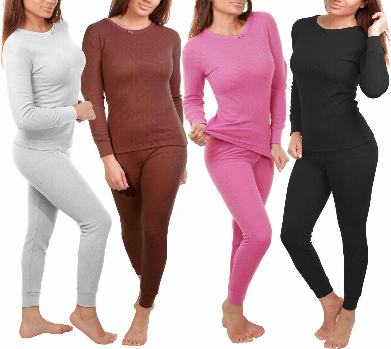 Women 2pc Premium Cotton Waffle Knit Thermal Underwear Stretch Top & Bottom Set