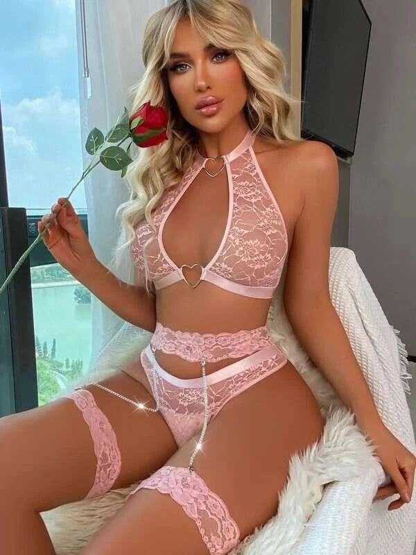 Women's Sexy Lingerie Lace Bra Set With Garter Belt Babydoll Nightwear Sleepwear