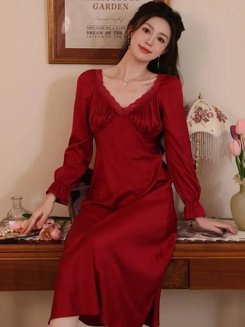 Spring Vintage Princess Sleepwear Silk Pajama Nightdress  Ruffles Lace V-Neck