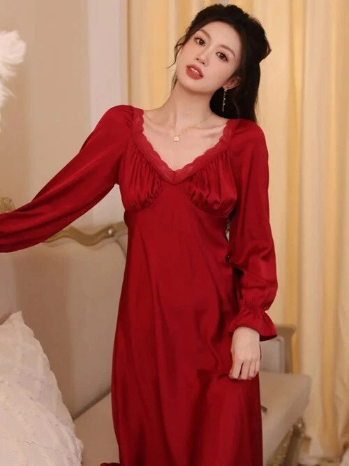 Spring Vintage Princess Sleepwear Silk Pajama Nightdress  Ruffles Lace V-Neck