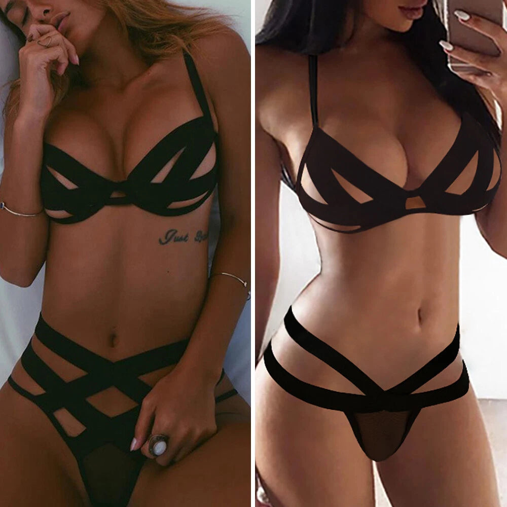 Womens Sexy Lingerie Strappy Hollow Out Top Bra Thong Set Underwear Nightwear