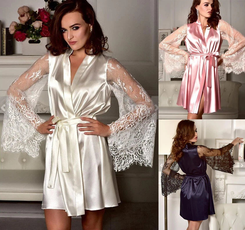 Womens Lingerie Sexy Eyelash Lace Satin Gown Robes Bathrobe Babydoll Sleepwear