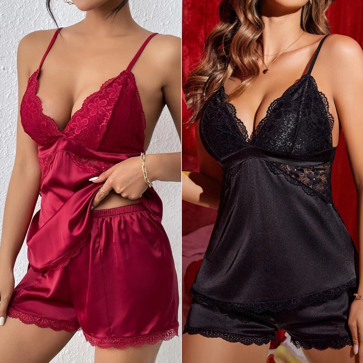Womens Sexy Lingerie Silk Pajamas Set Sleepwear Satin Cami Vest Nightwear Pyjama