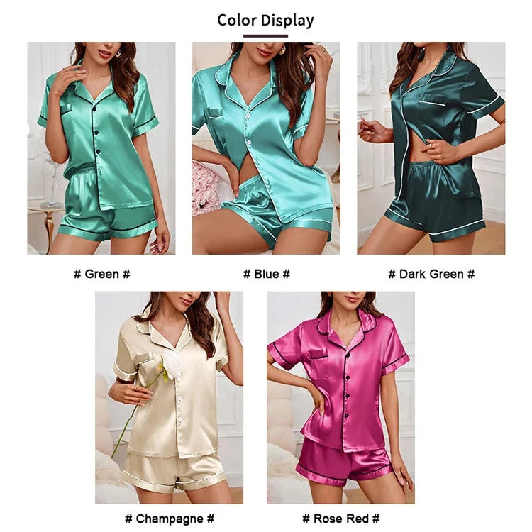 Summer Women Pajamas  Button Down Top&Shorts 2 Pieces Sleepwear Notched Collar