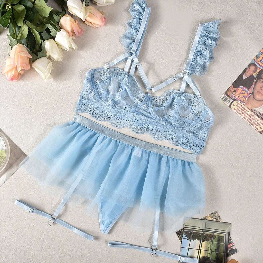 Plue Size Women's Sexy Lingerie Lace Babydoll Bra Thong Set Sleepwear Nightwear