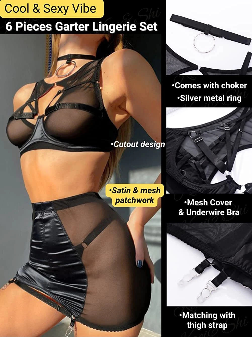 Sexy Garter Belt Set Women High Waist Lingerie Babydoll 4pcs Nightwear Sleepwear