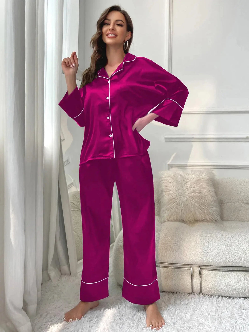 Women‘s Pajamas Set Notched Collar Top&Wide Leg Long Pants 2 Pieces Sleepwear