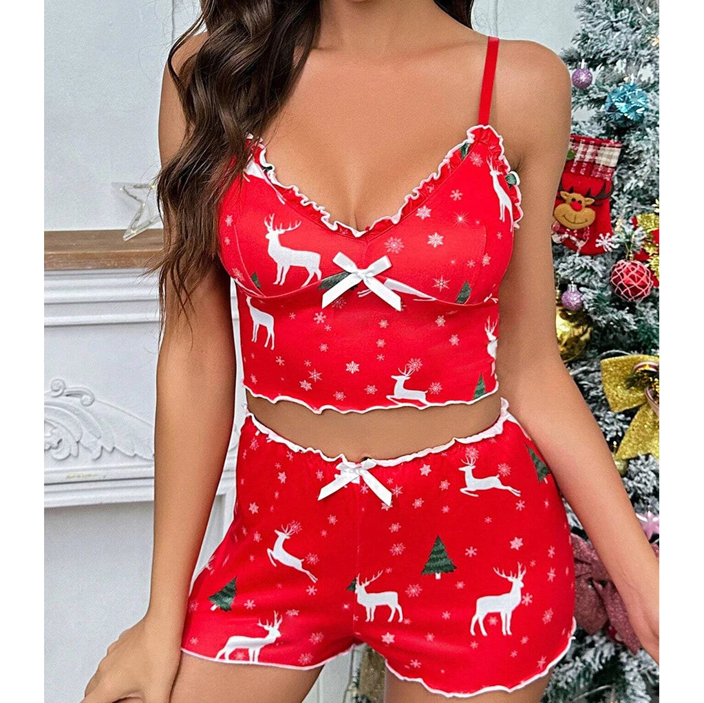 Sexy Satin Lace PJs Cami Set Camisole Shorts French Knickers Vest Nightwear Xmas