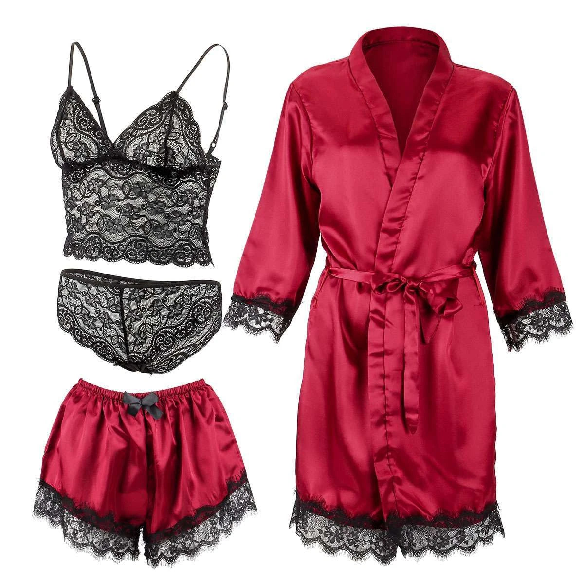 4Pcs Women' Silk Satin Pajamas Set Lingerie Floral Lace Cami Sleepwear with Robe