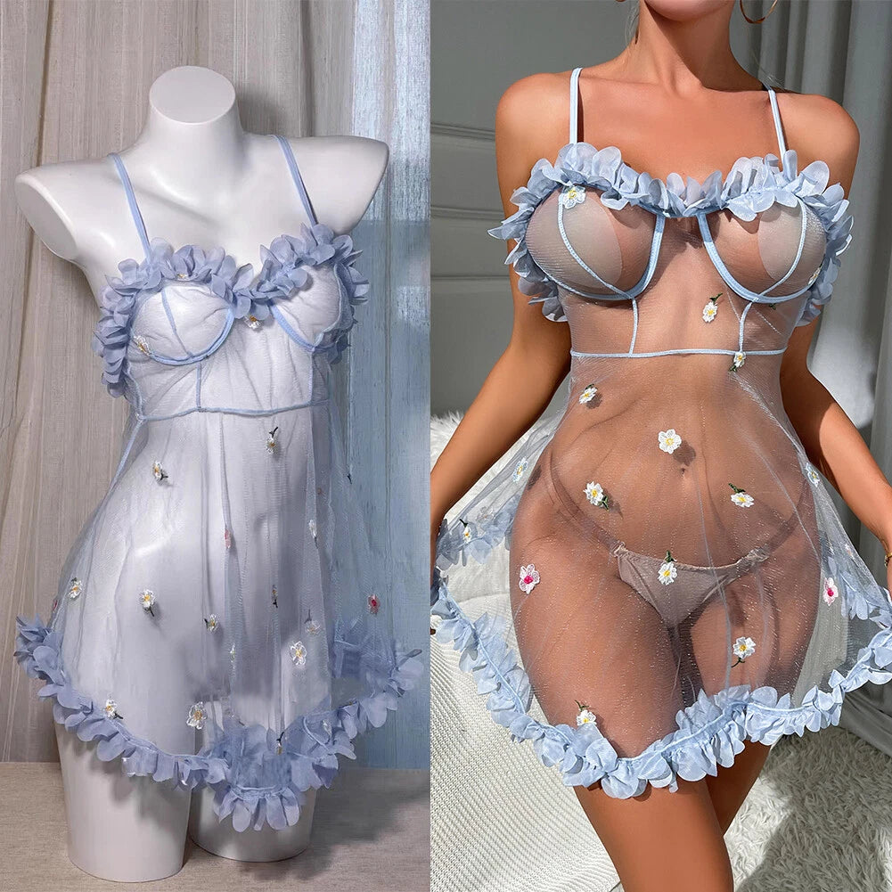 Sexy Lingerie Women's Lace Babydoll Dress See-Thru Sleepwear Nightwear G-string