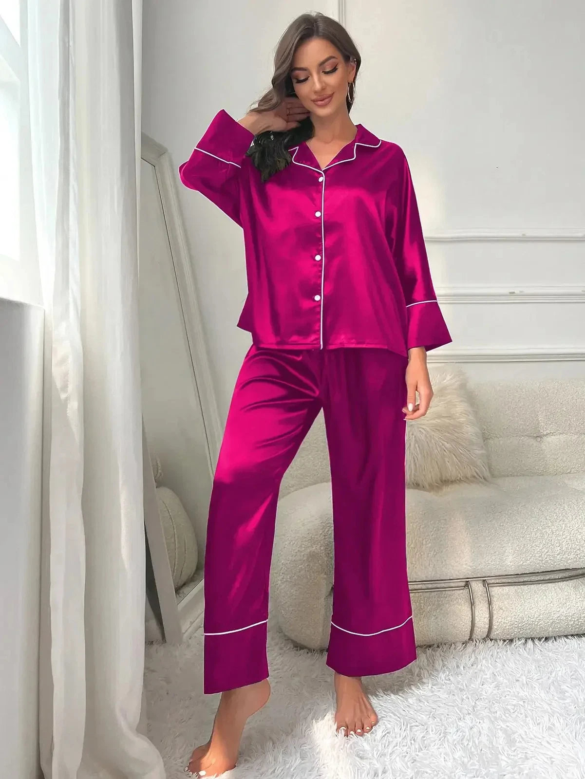 Women‘s Pajamas Set Notched Collar Top&Wide Leg Long Pants 2 Pieces Sleepwear