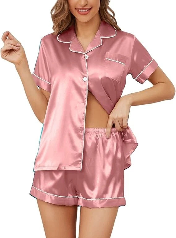 Women Silk Satin Pajamas Set Short Sleeve Button-Down Sleepwear Loungewear Charm