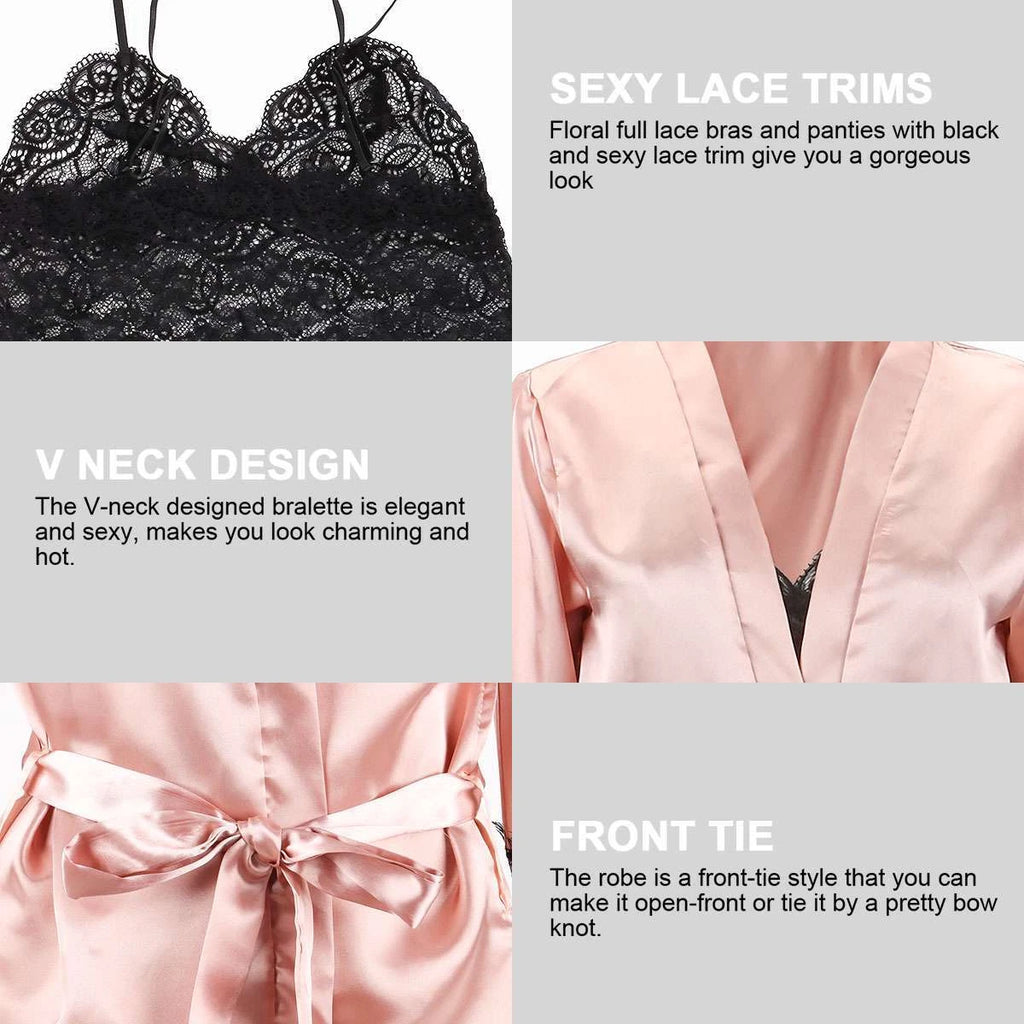 4Pcs Women' Silk Satin Pajamas Set Lingerie Floral Lace Cami Sleepwear with Robe