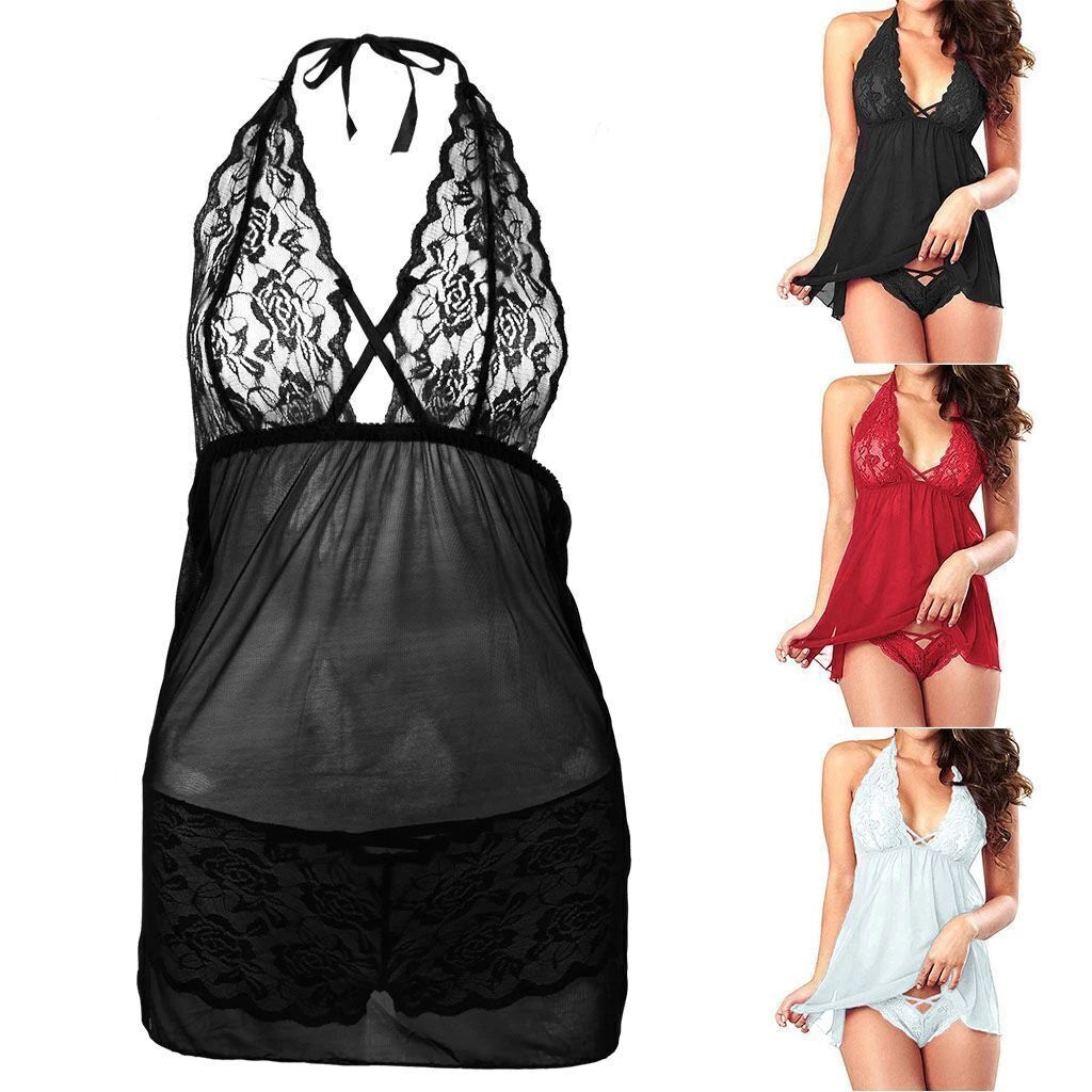 Women Sexy Lingerie Lace Babydoll Thong Nightwear Sleepwear Underwear Dress Set